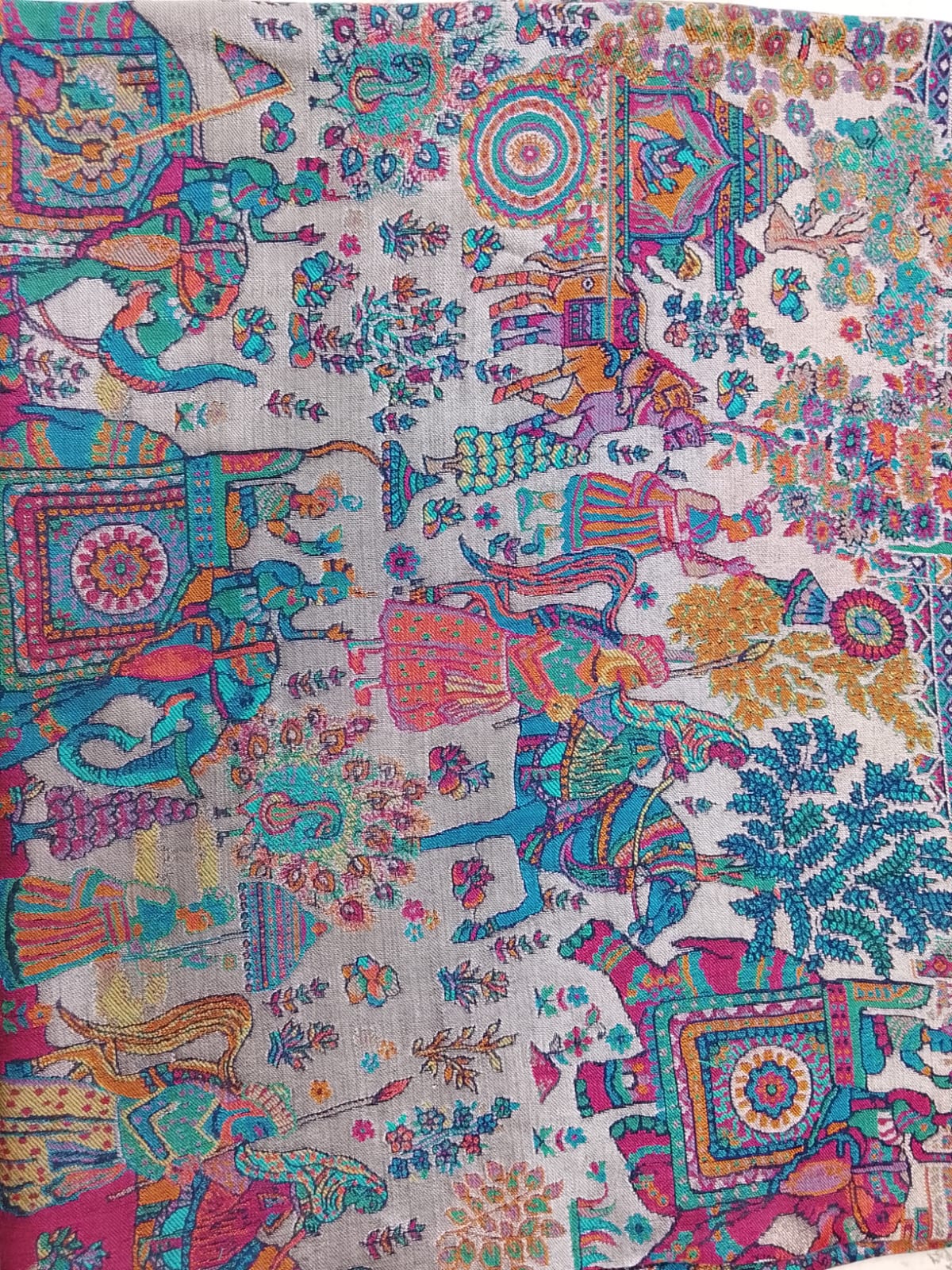 Kani shawl with Mughal Darbar palace, royal procession, and garden motifs in intricate multicolor story weave by The Amritsar Store