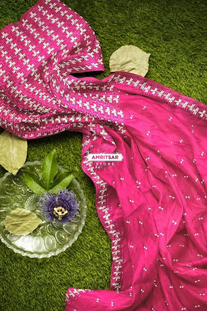 Phulkari Saree - Hand Embroidered Saree in Magenta color | The Amritsar Store - The Amritsar Store