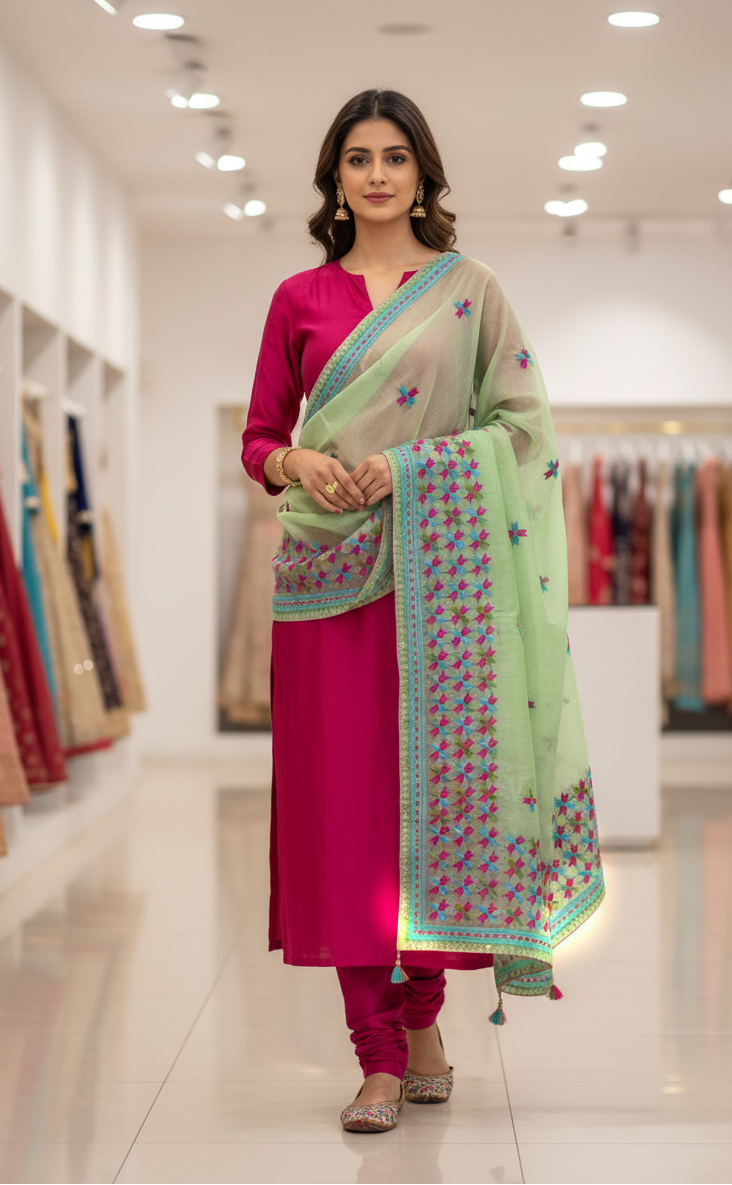The Amritsar Store Phulkari Dupatta – Hand Embroidered with Magenta Thread on Elegant Fabric