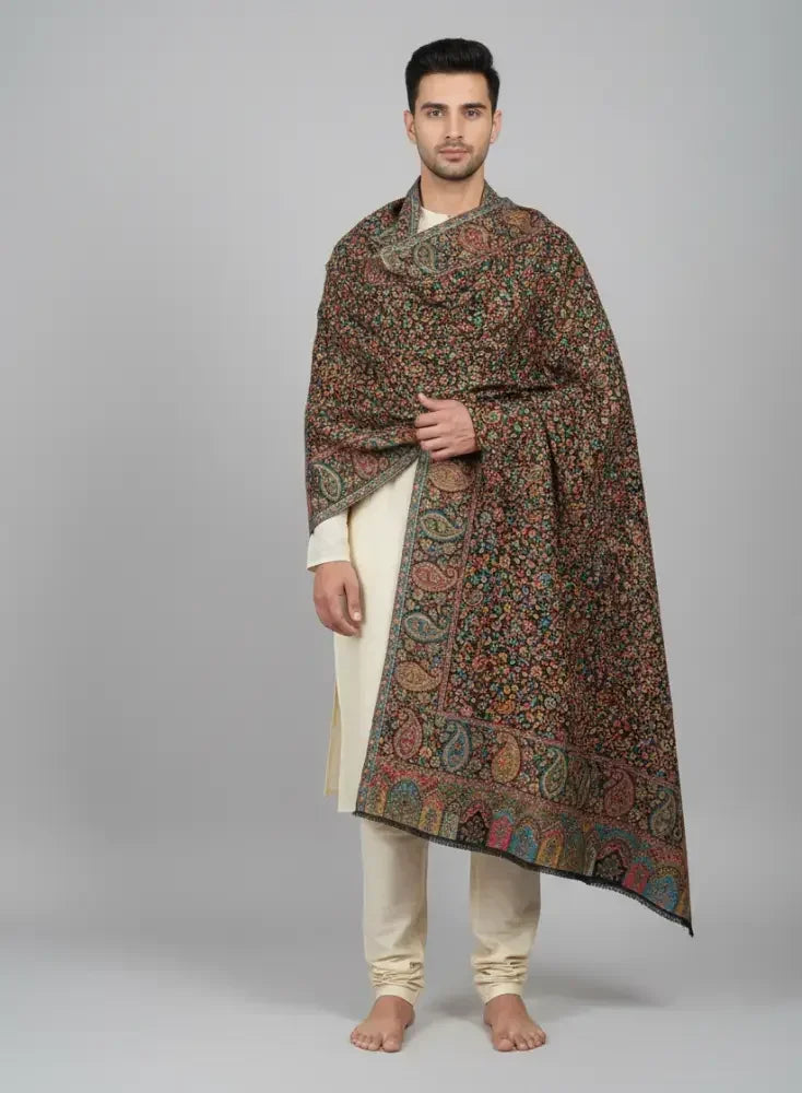 The Amritsar Store Men’s Black Kani Jaal Shawl – Multicolor Paisley & Floral Weave - The Amritsar Store