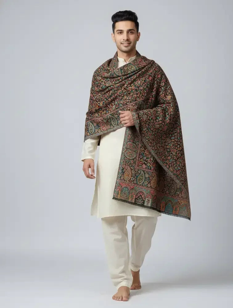 The Amritsar Store Men’s Black Kani Jaal Shawl – Multicolor Paisley & Floral Weave - The Amritsar Store