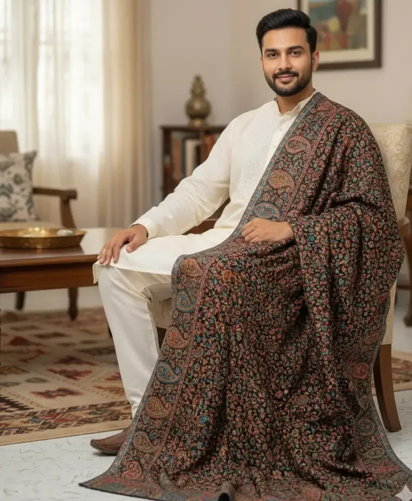 The Amritsar Store Men’s Black Kani Jaal Shawl – Multicolor Paisley & Floral Weave - The Amritsar Store