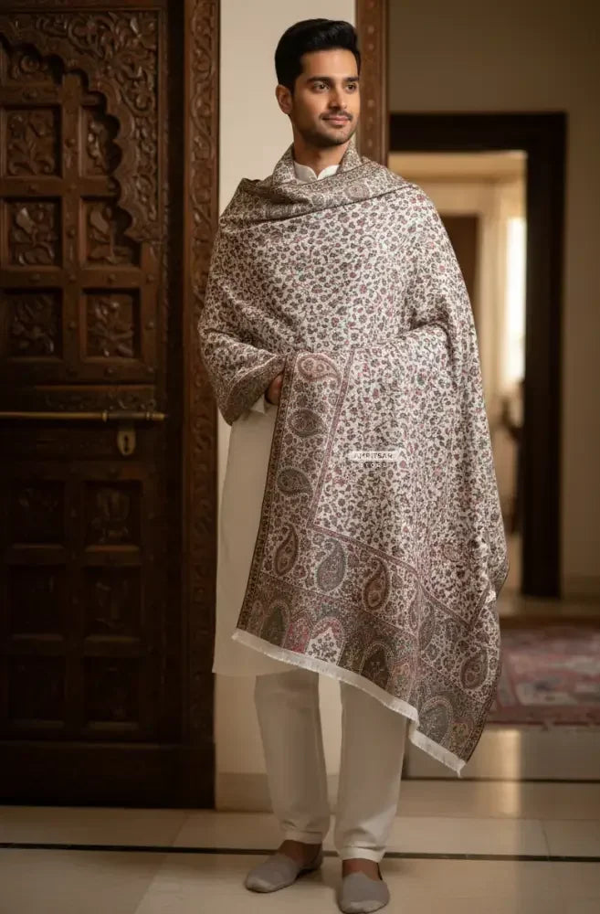 The Amritsar Store Men’s Cream Kani Jaal Shawl – Multicolor Paisley & Floral Weave - The Amritsar Store