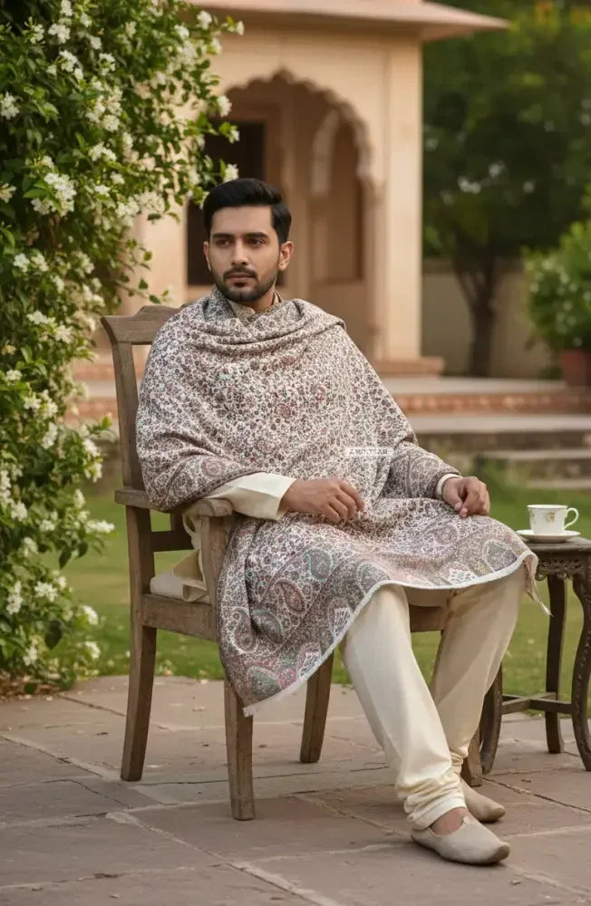 The Amritsar Store Men’s Cream Kani Jaal Shawl – Multicolor Paisley & Floral Weave - The Amritsar Store