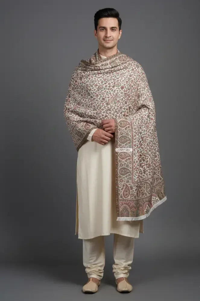 The Amritsar Store Men’s Cream Kani Jaal Shawl – Multicolor Paisley & Floral Weave - The Amritsar Store
