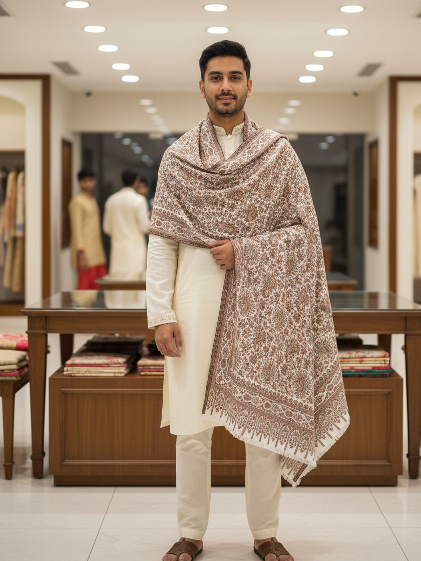 "The Amritsar Store Men's Fine Wool Kani Shawl with Intricate Paisley Pattern – Soft and Luxurious Winter Wear"