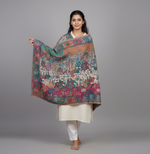 Kani shawl with Mughal Darbar palace, royal procession, and garden motifs in intricate multicolor story weave by The Amritsar Store
