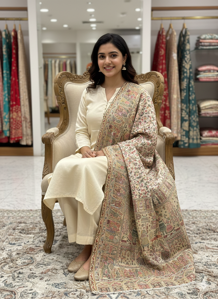 Royal Heritage stole by The Amritsar Store featuring intricate Mughal Darbar scenes with detailed floral jaal weave in rich traditional tones