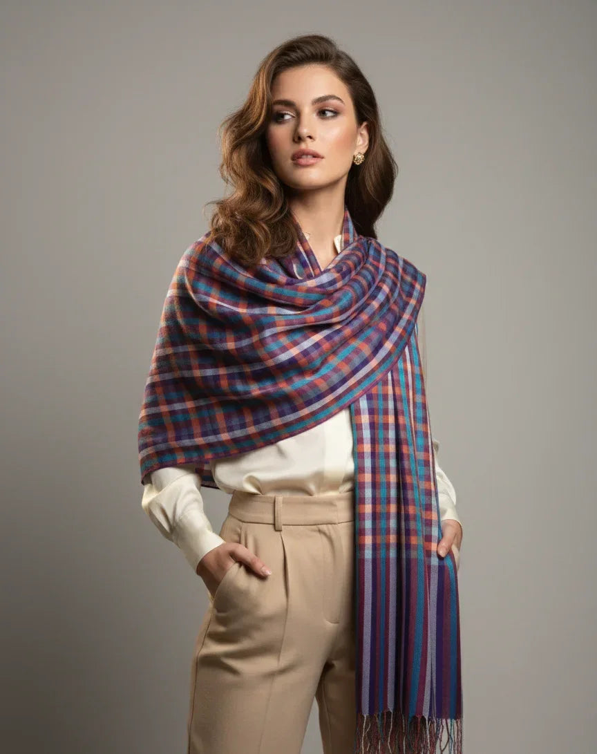 The Amritsar Store, Multicolor Bamboo Silk Scarf, Soft & Fine Quality with Check Pattern All Season - The Amritsar Store
