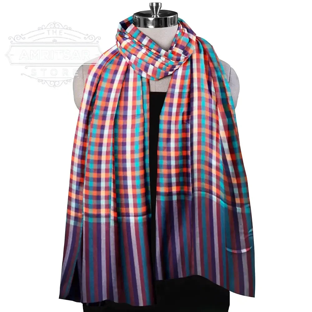 The Amritsar Store, Multicolor Bamboo Silk Scarf, Soft & Fine Quality with Check Pattern All Season - The Amritsar Store