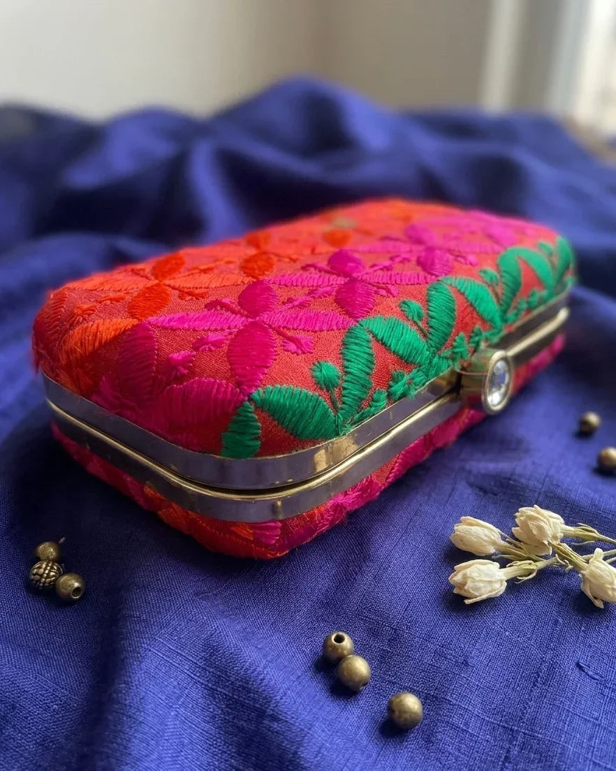 The Amritsar Store Phulkari Embroidery Clutch – Multicolor Metal-Based - The Amritsar Store