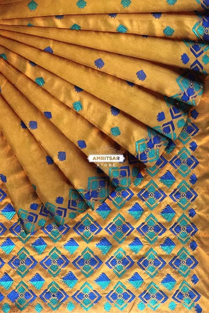 Phulkari Saree – Hand Embroidered Mustard Saree in Blue Thread | The Amritsar Store - The Amritsar Store