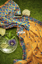 Phulkari Saree – Hand Embroidered Mustard Saree in Blue Thread | The Amritsar Store - The Amritsar Store