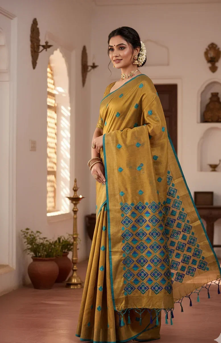Phulkari Saree – Hand Embroidered Mustard Saree in Blue Thread | The Amritsar Store - The Amritsar Store