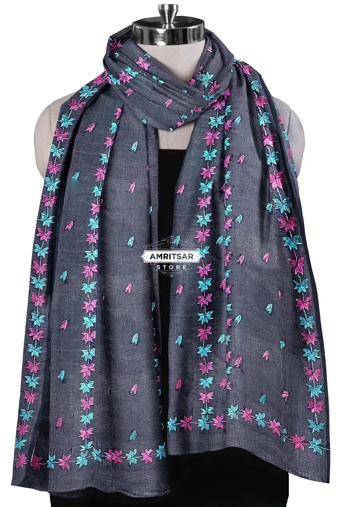 Phulkari Dupatta – Hand Embroidered Navy Blue Dupatta for Women | The Amritsar Store - The Amritsar Store
