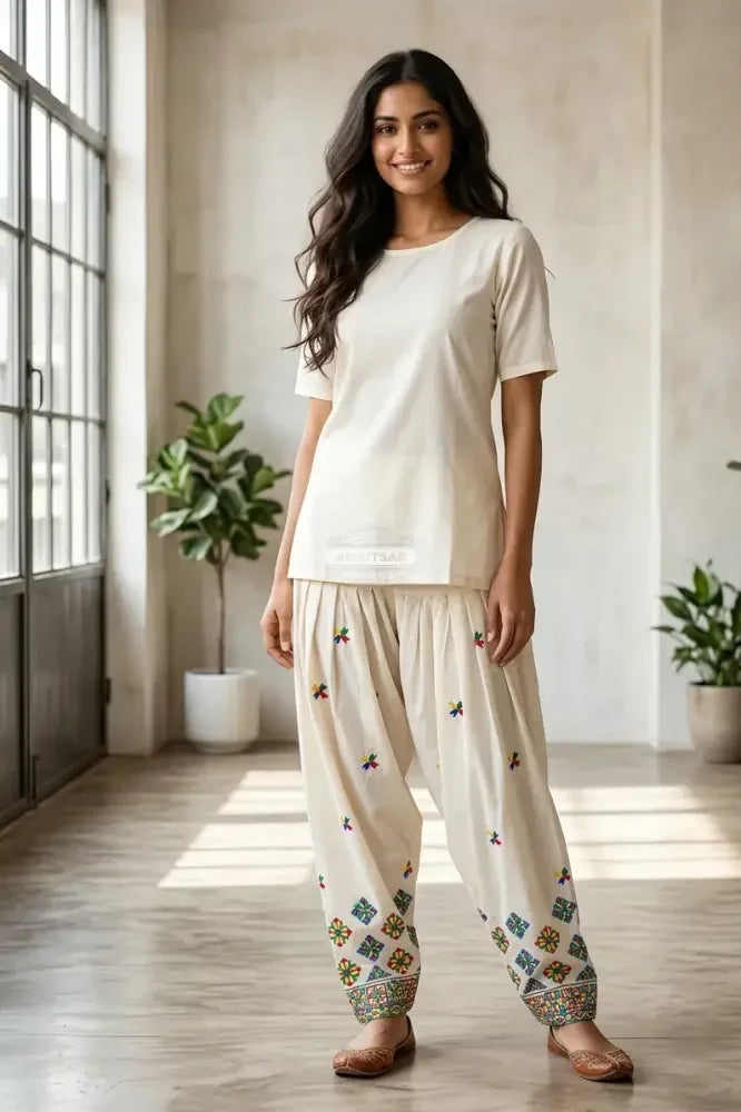 The Amritsar Store Off-White Kora Cotton Salwar with Folk Embroidery - The Amritsar Store