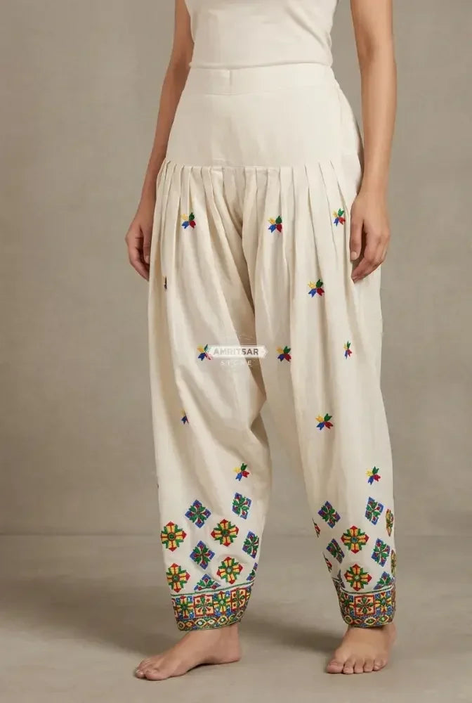 The Amritsar Store Off-White Kora Cotton Salwar with Folk Embroidery - The Amritsar Store
