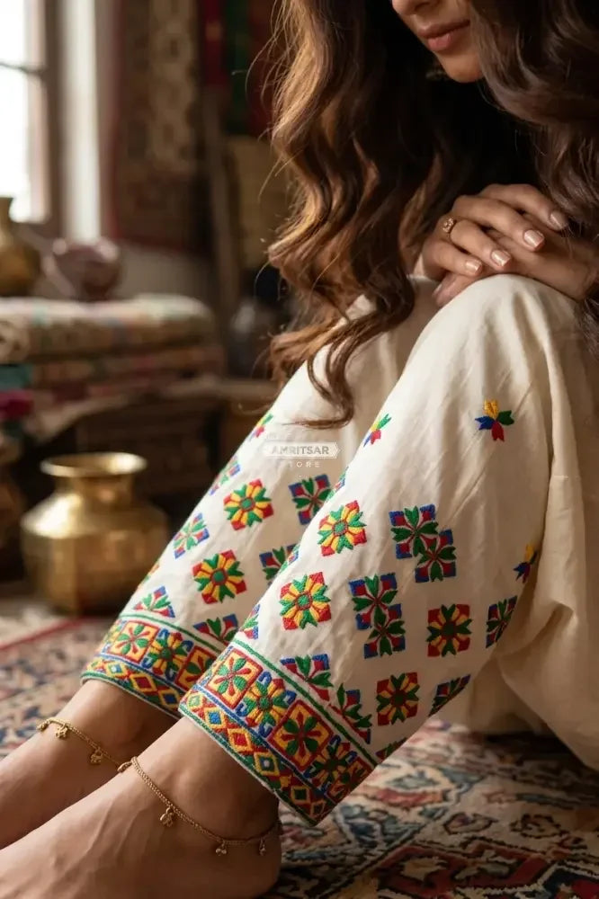 The Amritsar Store Off-White Kora Cotton Salwar with Folk Embroidery - The Amritsar Store