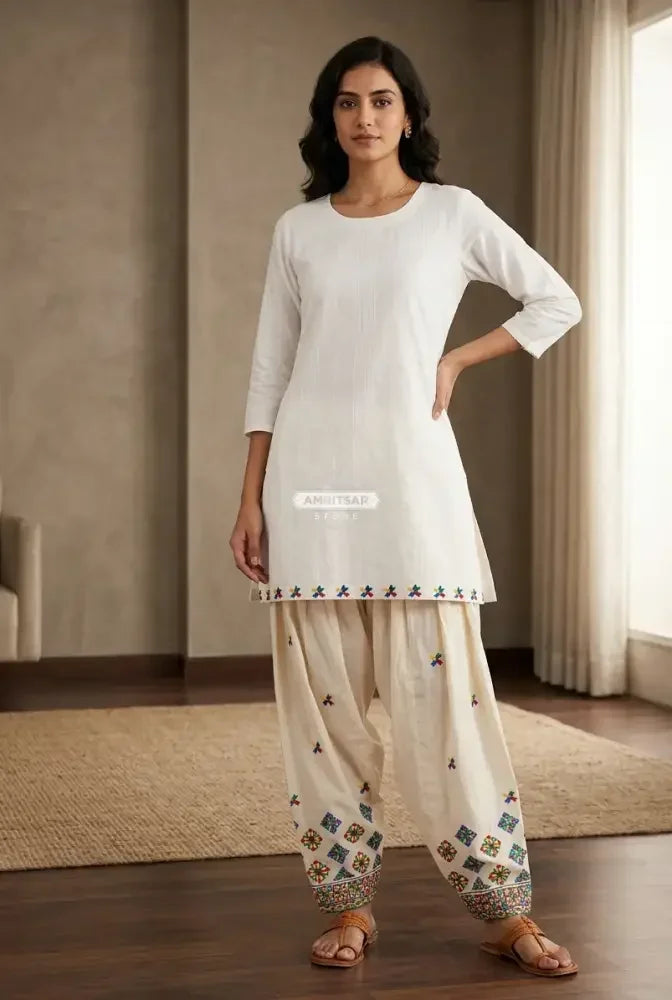 The Amritsar Store Off-White Kora Cotton Salwar with Folk Embroidery - The Amritsar Store