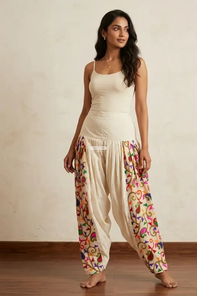 The Amritsar Store – Off-White Kora Cotton Salwar with Multicolor Floral Embroidery - The Amritsar Store