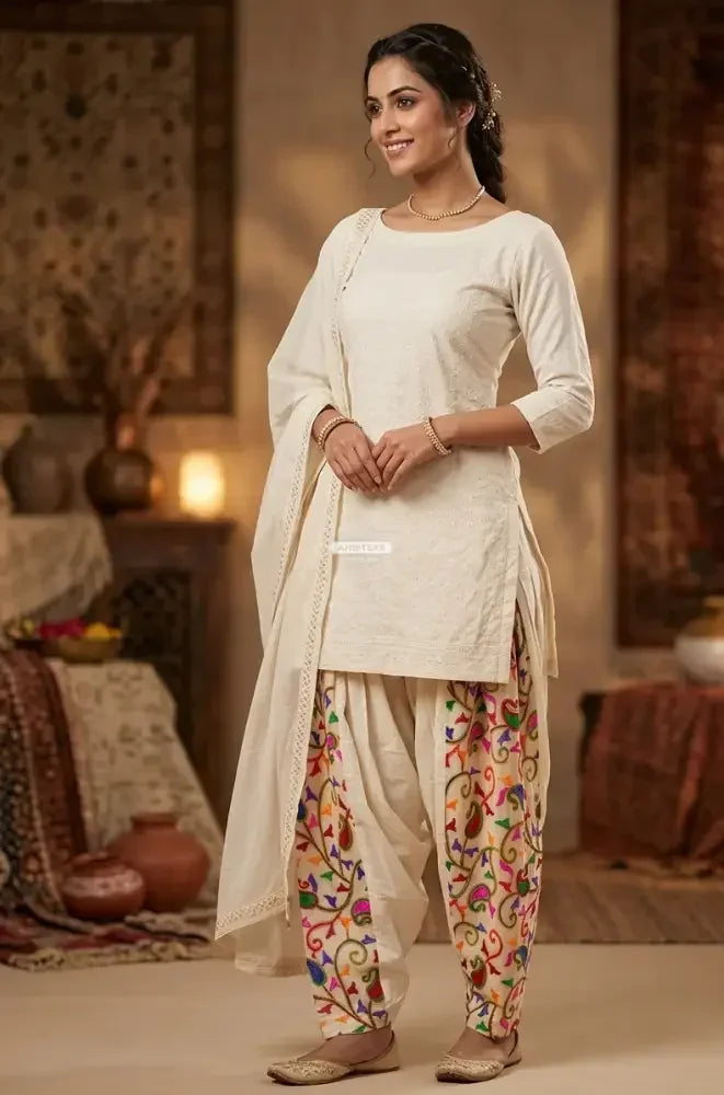 The Amritsar Store – Off-White Kora Cotton Salwar with Multicolor Floral Embroidery - The Amritsar Store