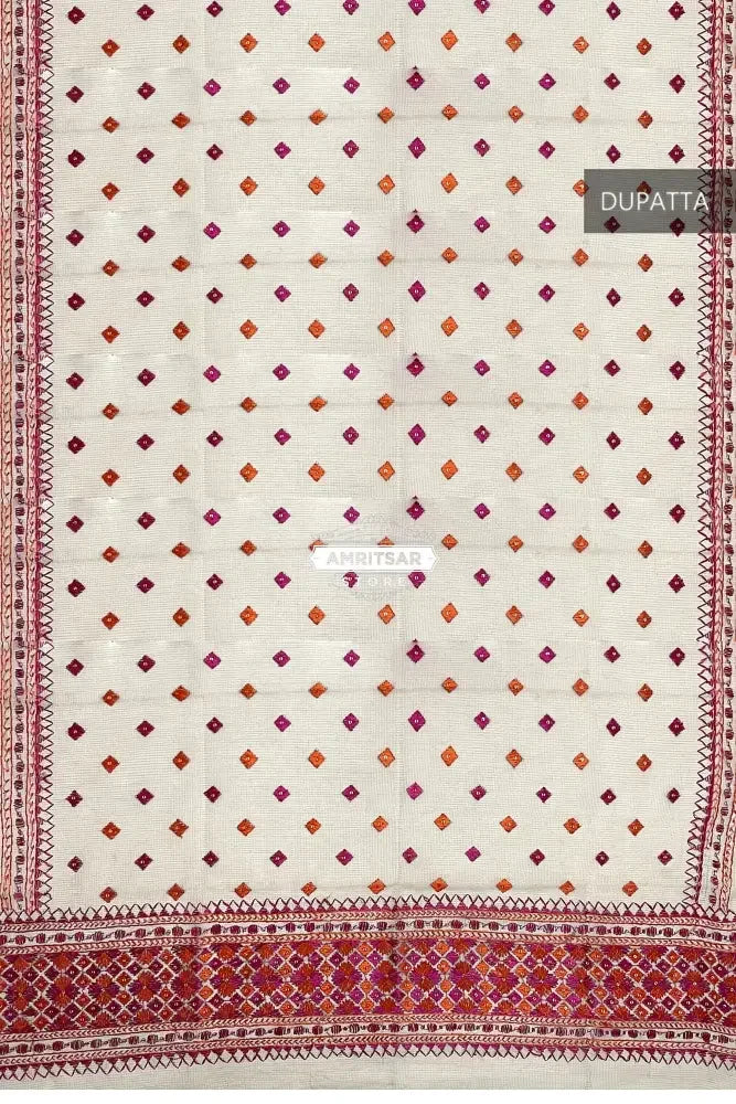 Phulkari Dupatta - Off-White with Pink & Orange Embroidery | The Amritsar Store - The Amritsar Store