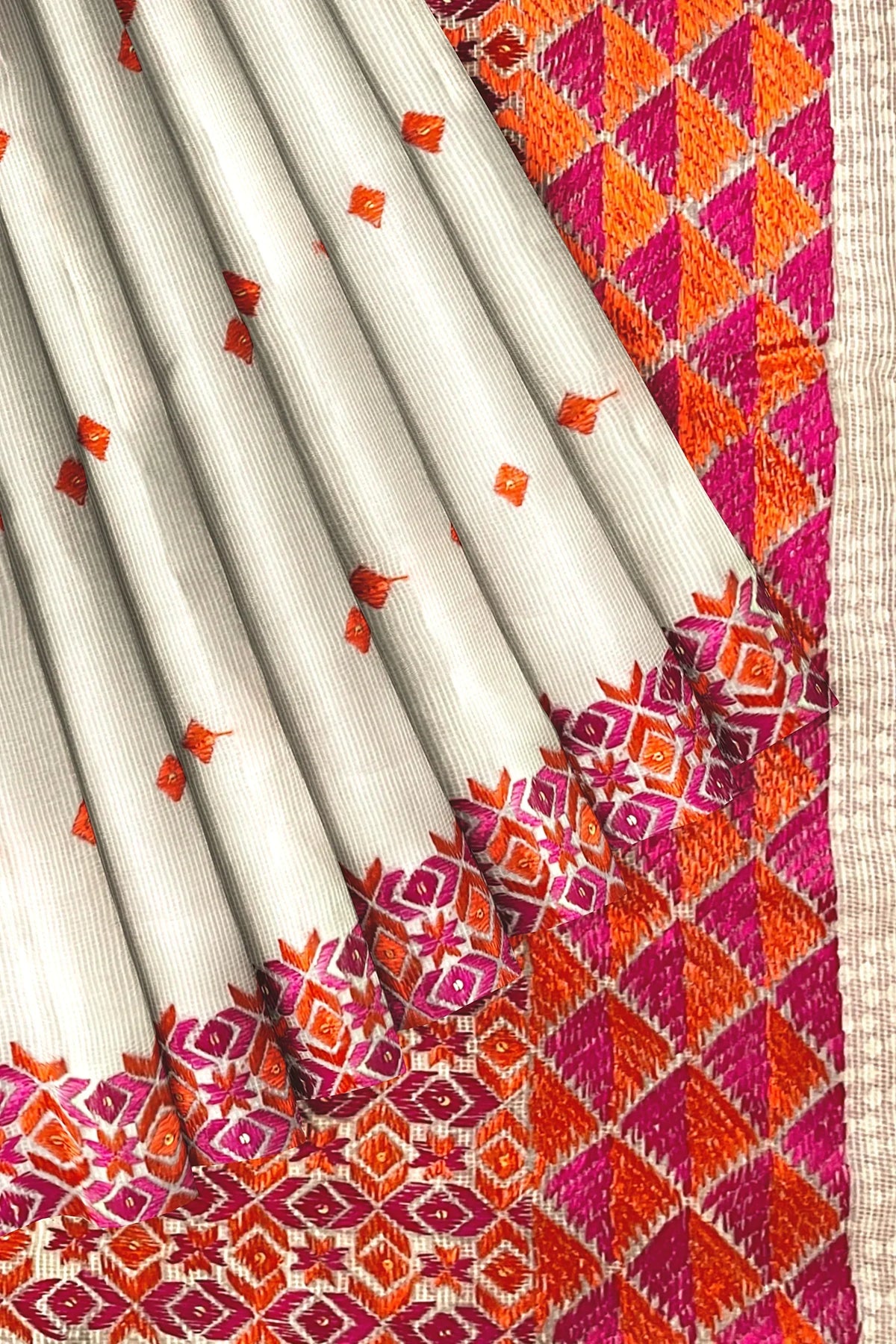 Phulkari Saree -Hand Embroidered White Saree with Orange Embroidery | The Amritsar Store - The Amritsar Store