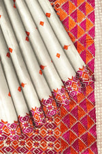 Phulkari Saree -Hand Embroidered White Saree with Orange Embroidery | The Amritsar Store - The Amritsar Store