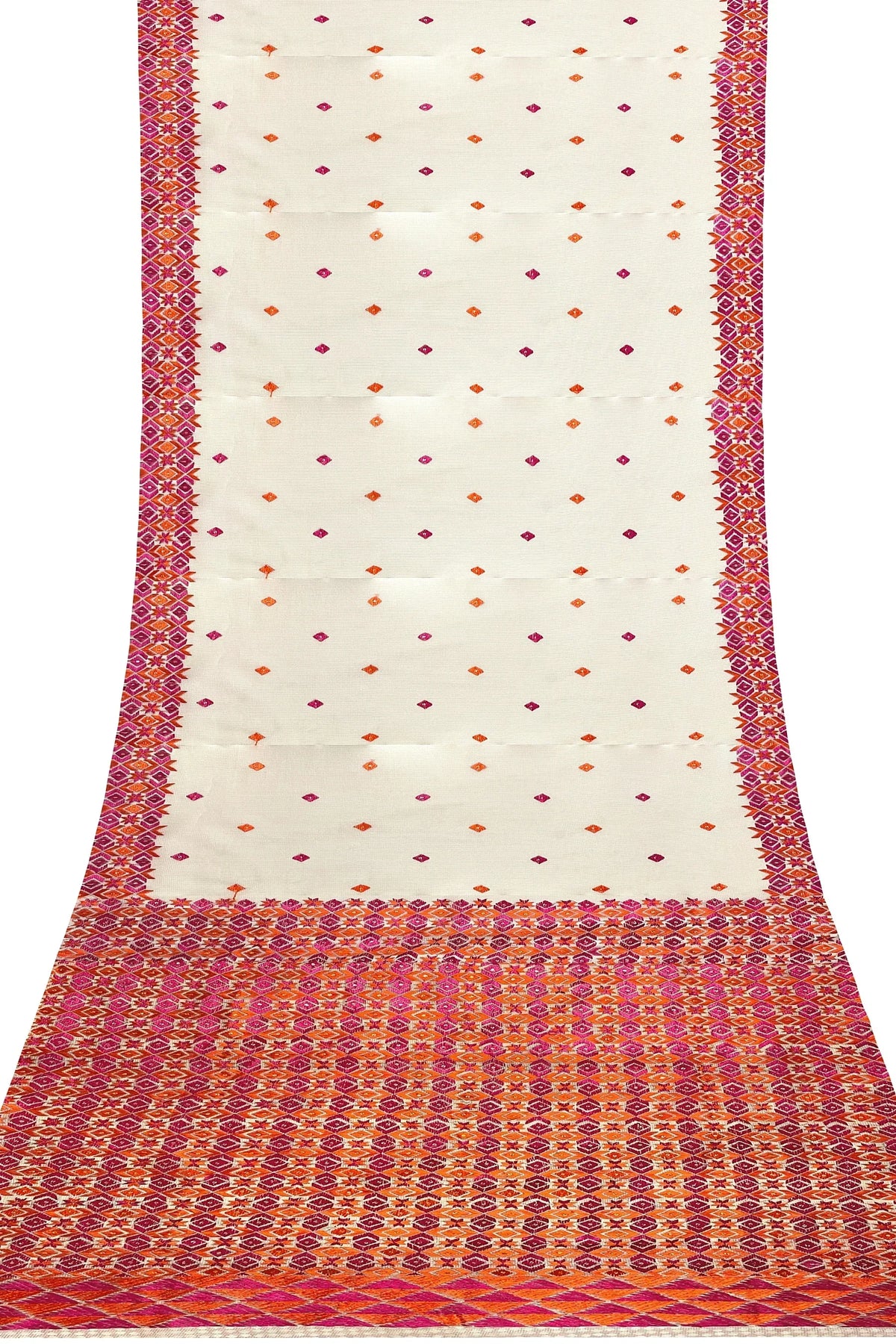Phulkari Saree -Hand Embroidered White Saree with Orange Embroidery | The Amritsar Store - The Amritsar Store