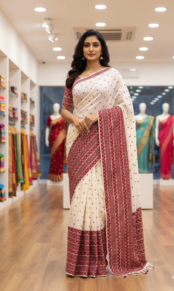 The Amritsar Store Phulkari Saree – Hand Embroidered Off-White Fabric with Red and Maroon Accents
