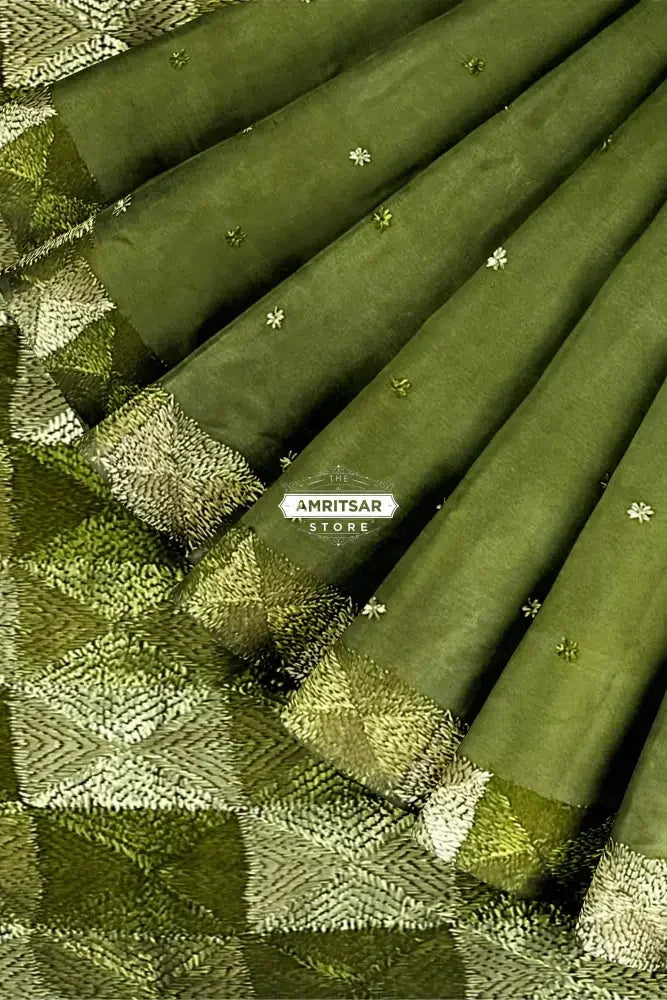 Phulkari Saree – Hand Embroidered Olive Green Saree for Women | The Amritsar Store - The Amritsar Store