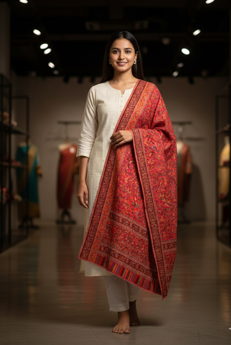 Majestic Peacock Garden Jaal shawl by The Amritsar Store featuring an intricate multicolor woven floral and peacock pattern.