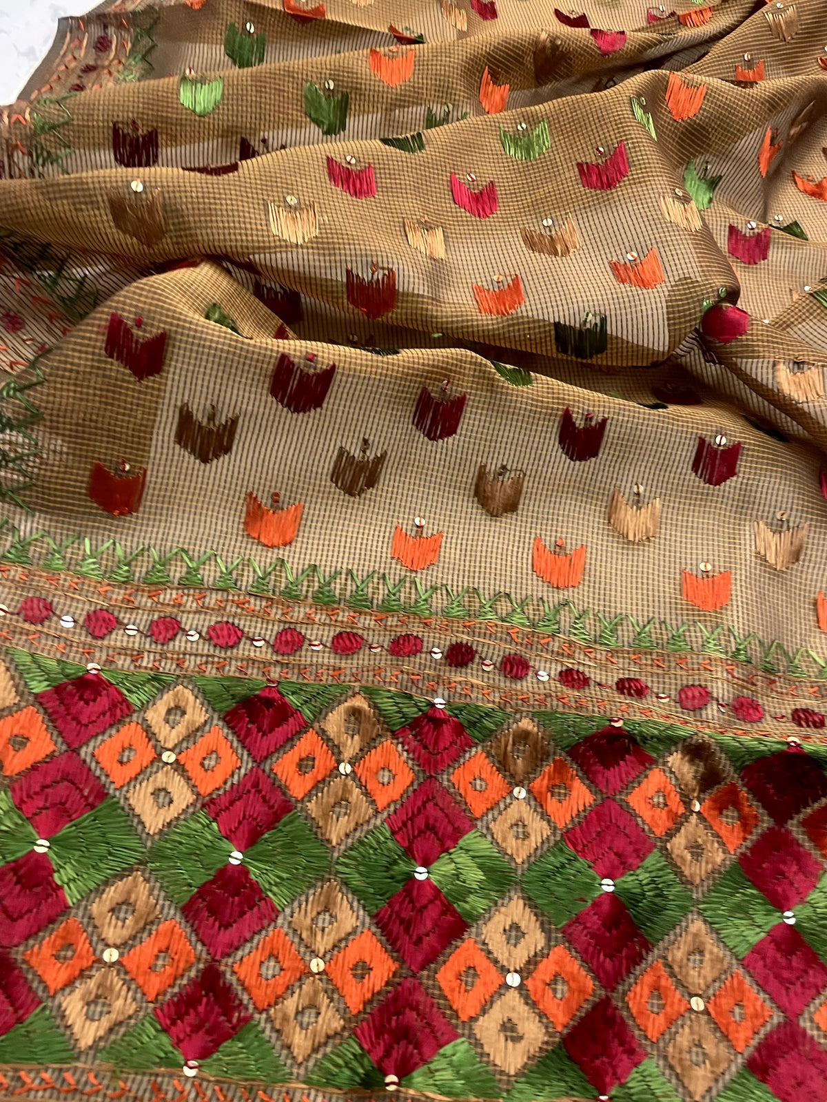 Phulkari Dupatta – Hand Embroidered Brown Dupatta for Women | The Amritsar Store - The Amritsar Store