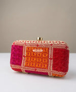 The Amritsar Store handmade red clutch bag with green floral embroidery, traditional ethnic handcrafted evening purse for women