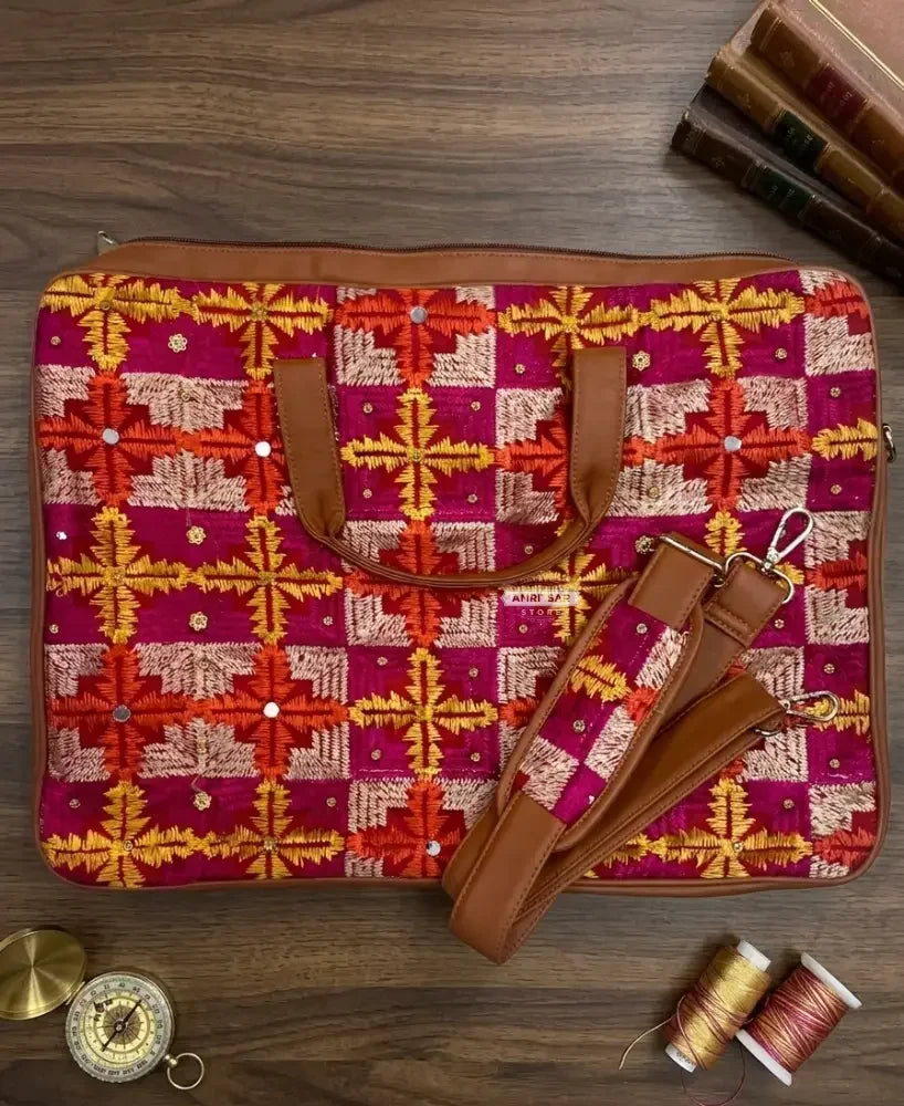 The Amritsar Store Phulkari Embroidered Laptop Bag with Mirror Work - The Amritsar Store