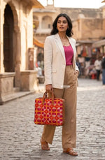 Multicolor Red Phulkari Padded Laptop Bag with Mirror Work and Dual Side Handles by The Amritsar Store