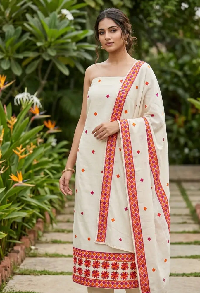 Phulkari Geometric Floral Embroidered Unstitched Suit Set with Dupatta by The Amritsar Store, traditional Punjabi embroidered dress material for women