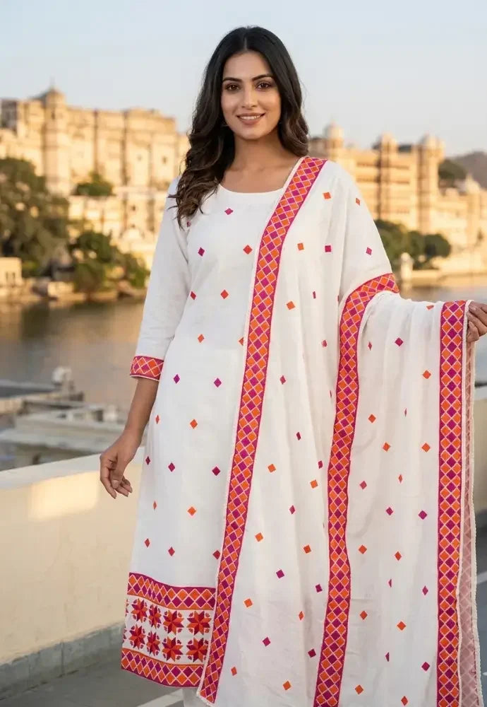 The Amritsar Store ,Phulkari Geometric Floral Embroidered Unstitched Suit Set With Dupatta - The Amritsar Store