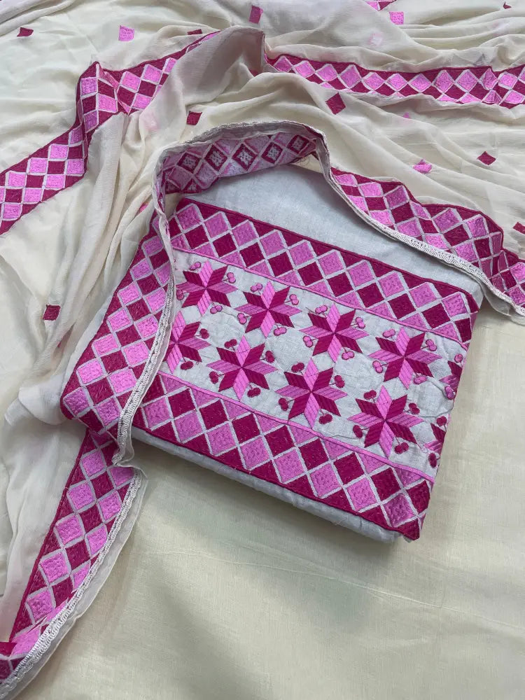 The Amritsar Store,Phulkari Geometric Floral Embroidered Unstitched Suit Set With Dupatta Phulkari