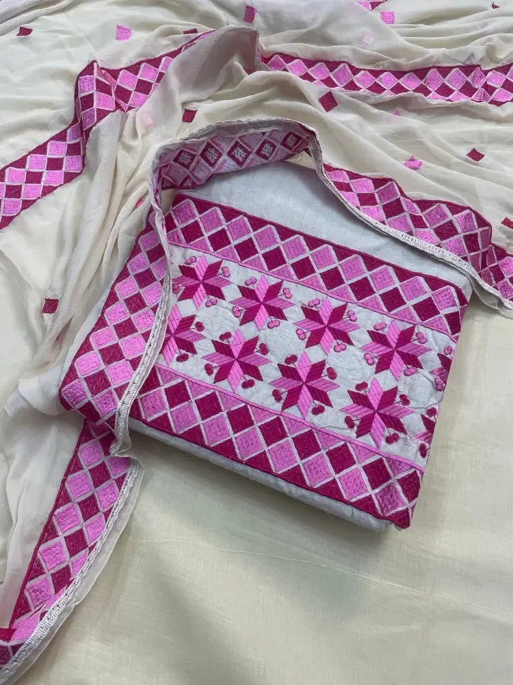 The Amritsar Store ,Phulkari Geometric Floral Embroidered Unstitched Suit Set With Dupatta - The Amritsar Store