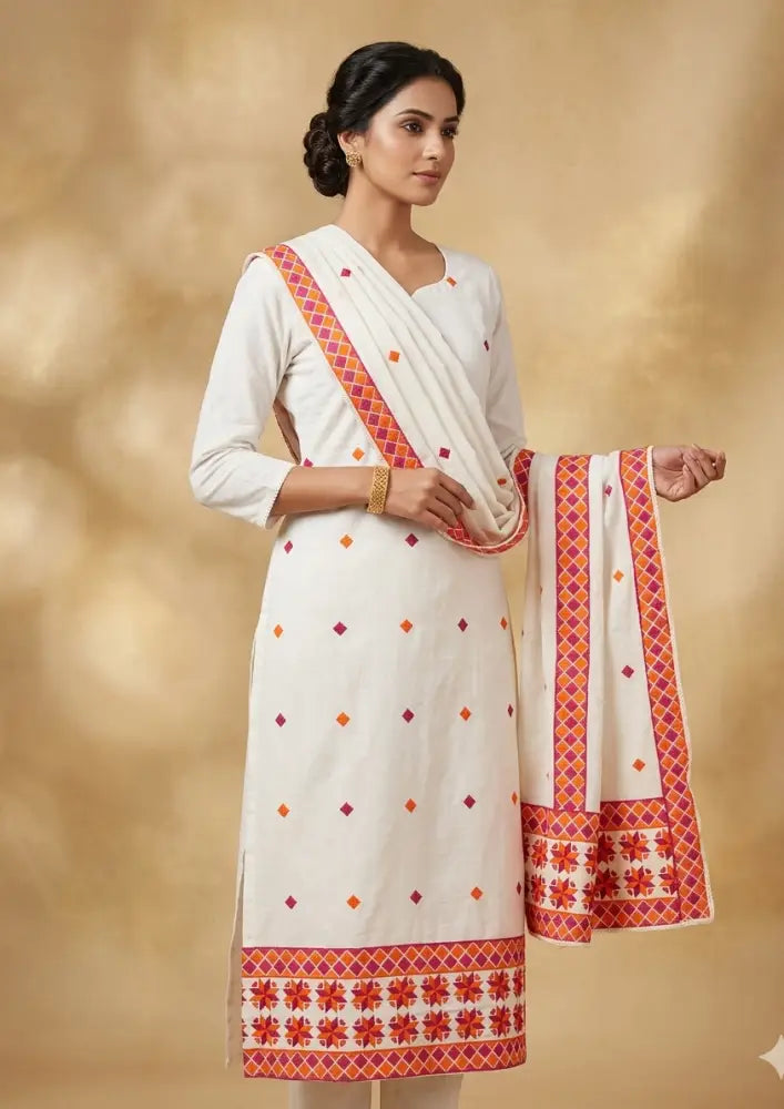Phulkari Geometric Floral Embroidered Unstitched Suit Set with Dupatta by The Amritsar Store, traditional Punjabi embroidered dress material for women