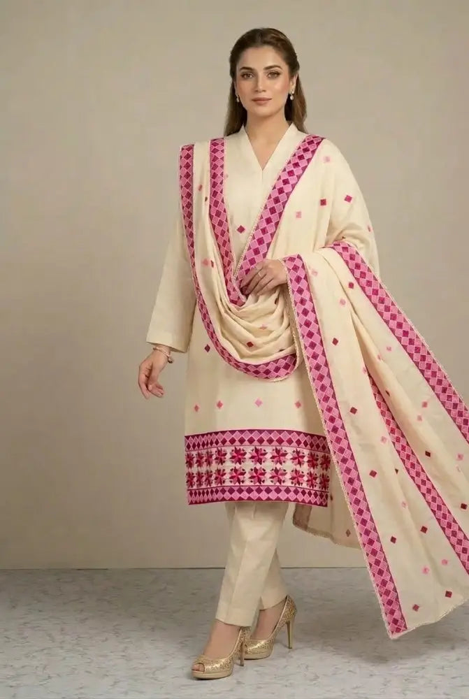 Phulkari Geometric Floral Embroidered Unstitched Suit Set with Dupatta by The Amritsar Store, traditional Punjabi embroidered dress material for women
