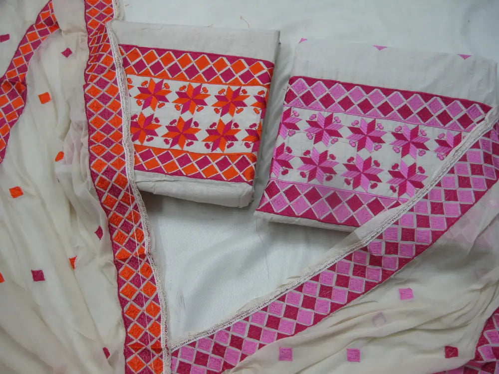 Phulkari Geometric Floral Embroidered Unstitched Suit Set with Dupatta by The Amritsar Store, traditional Punjabi embroidered dress material for women