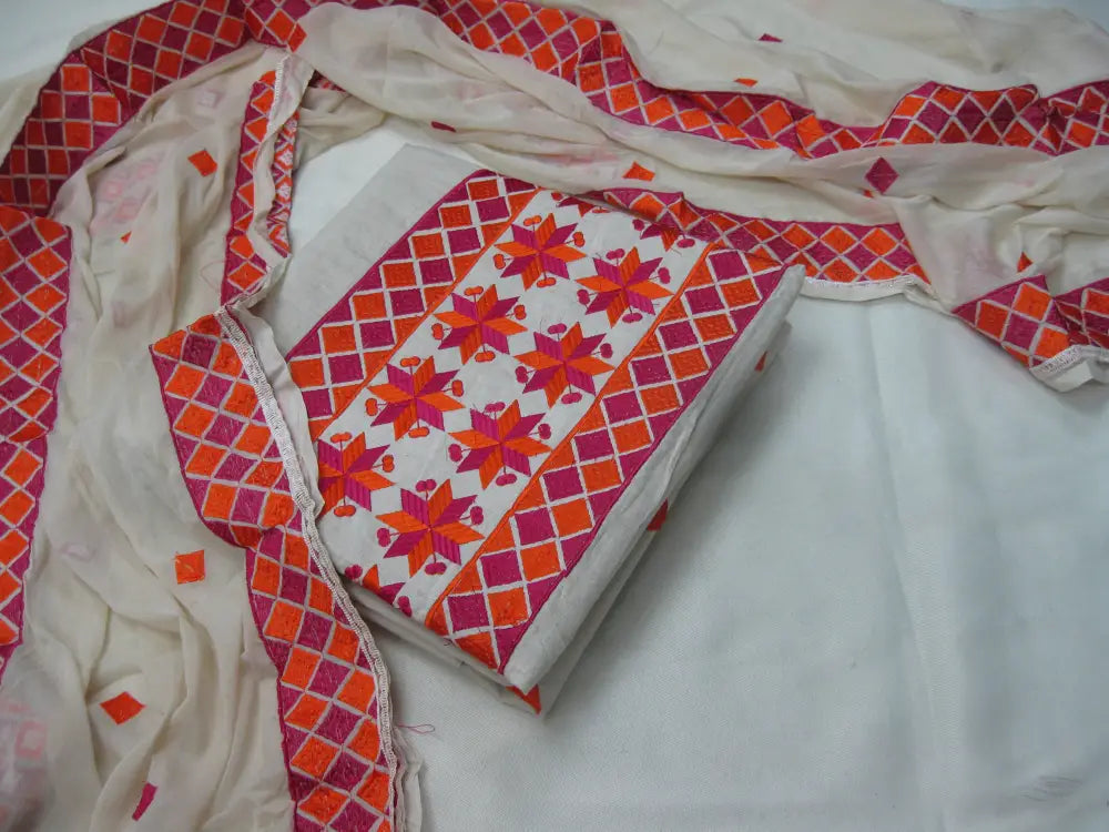 Phulkari Geometric Floral Embroidered Unstitched Suit Set with Dupatta by The Amritsar Store, traditional Punjabi embroidered dress material for women