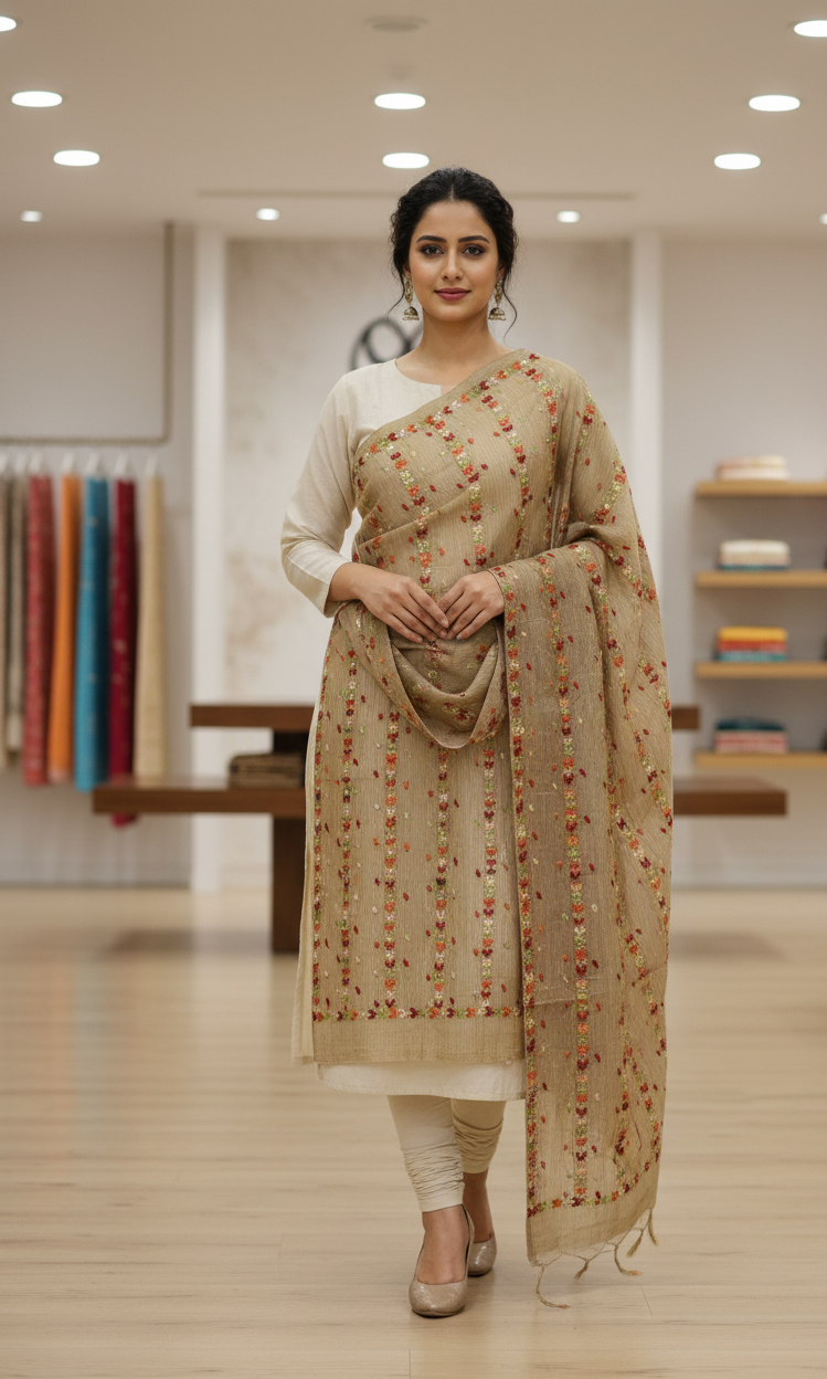 The Amritsar Store Phulkari Dupatta – Hand Embroidered with Multicolor Threads on Brown Fabric