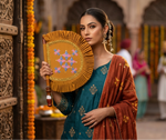 Handcrafted Phulkari hand fan pankhi with vibrant red base and multicolor floral embroidery by The Amritsar Store, showcasing traditional Punjabi artistry