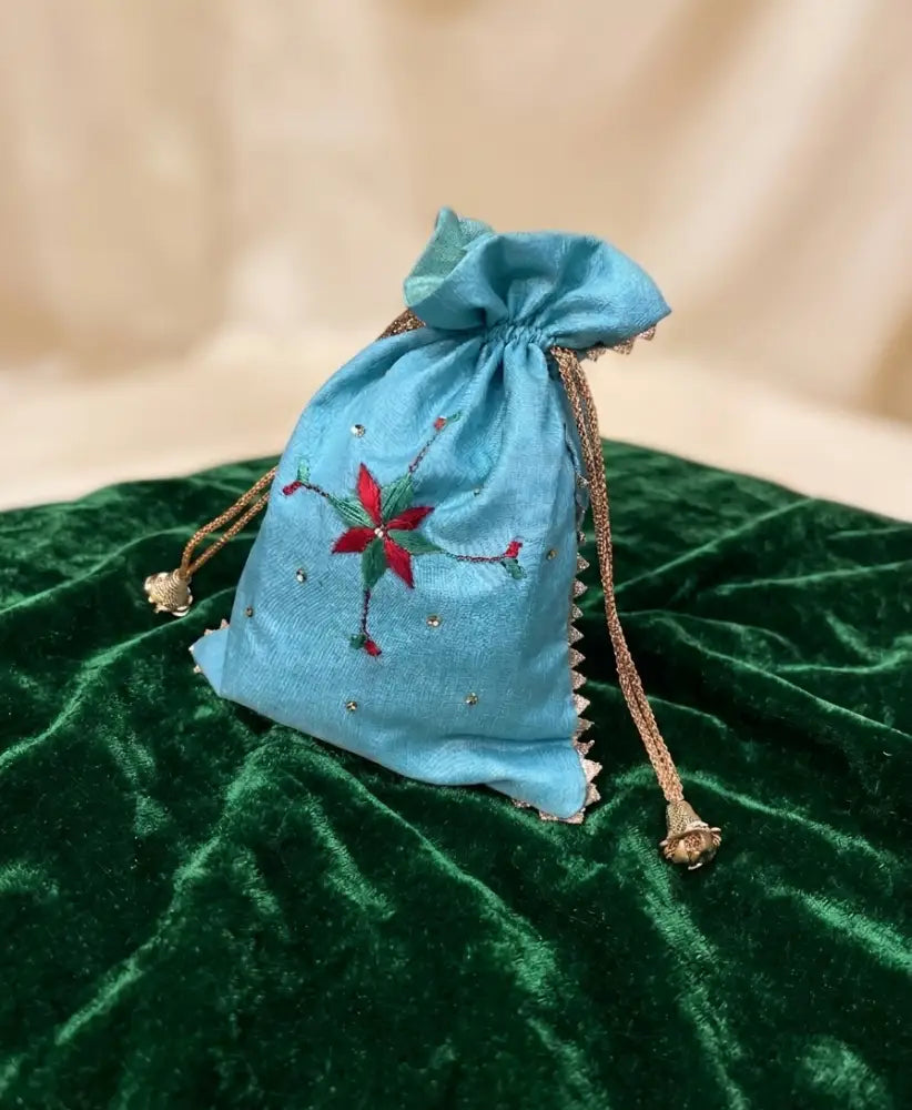 Green Phulkari Potli Bag for Women with Hand Embroidery, Traditional Punjabi Handmade Ethnic Drawstring Bag
