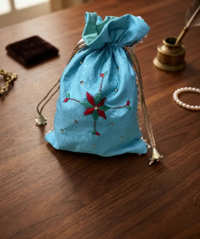 Green Phulkari Potli Bag for Women with Hand Embroidery, Traditional Punjabi Handmade Ethnic Drawstring Bag