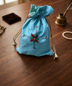Green Phulkari Potli Bag for Women with Hand Embroidery, Traditional Punjabi Handmade Ethnic Drawstring Bag