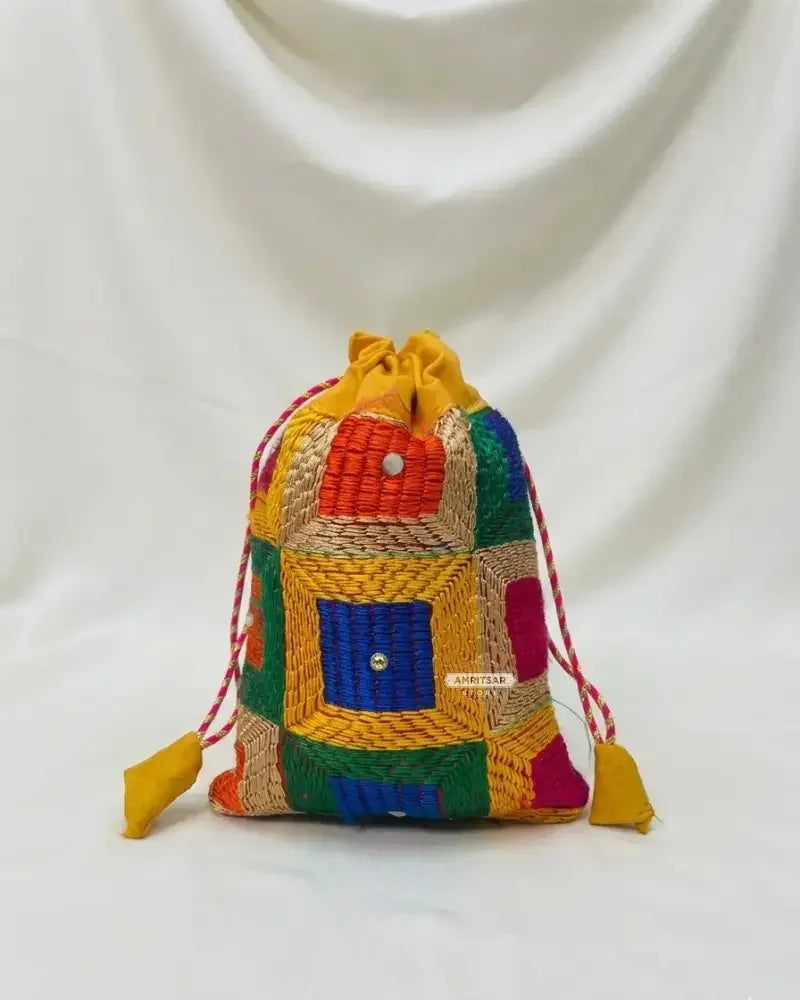 The Amritsar Store Phulkari Potli Bag in multicolor – Phulkari Embroidery - The Amritsar Store